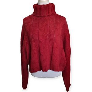 COZY CASUAL RED TURTLENECK CABLEKNIT CROP SWEATER SZ.M EUC